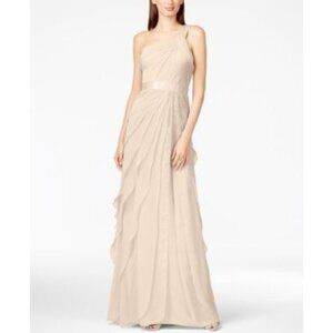 Adrianna Papell Blush One Shoulder Evening Gown Size 14.Long Ruffled Dress